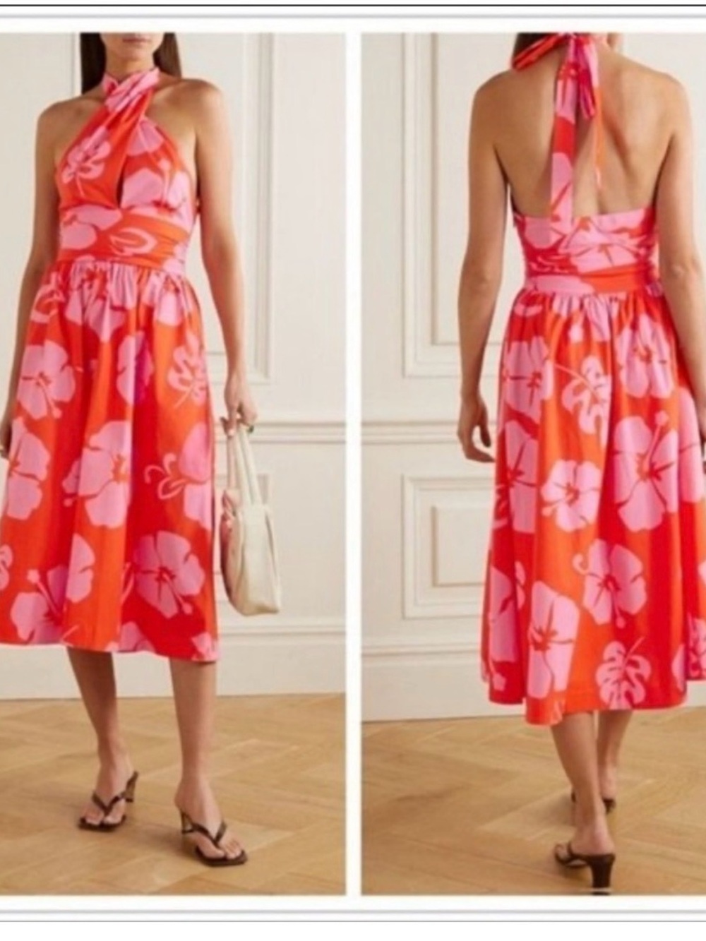 Staud Pink & Orange Floral Halter Midi Dress